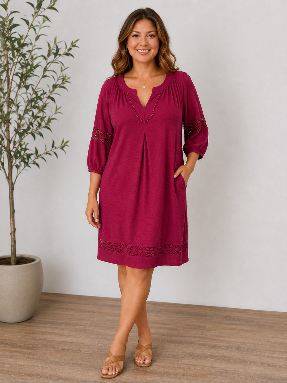 Crown & Ivy Maroon Crochet Lace Peasant Dress Boho Fall Long Sleeve XL